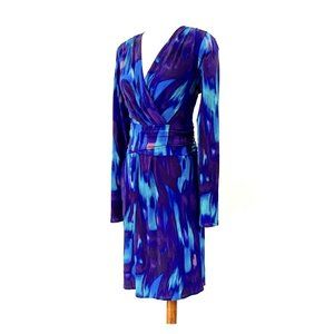 Antonio Melani Watercolor Blue Cummerbund Waist Faux Wrap Jersey Dress Size S